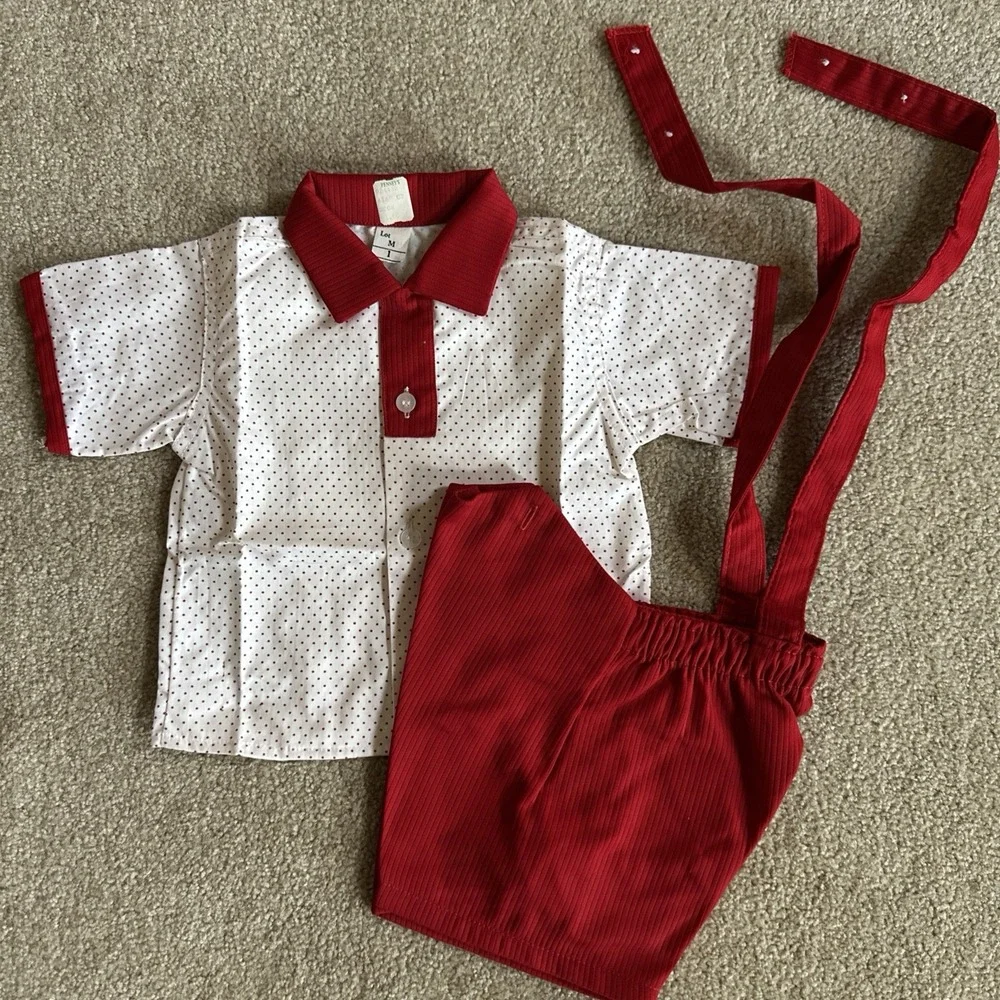 Boys Christmas 1T Short Set 12 Months NOS JCPenney Red & White Shorts Suspenders